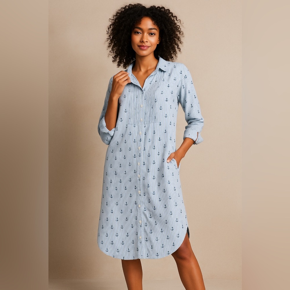Hatley Cotton Shirt Dress Blue White Stripe Anchor Button Front XL Tall